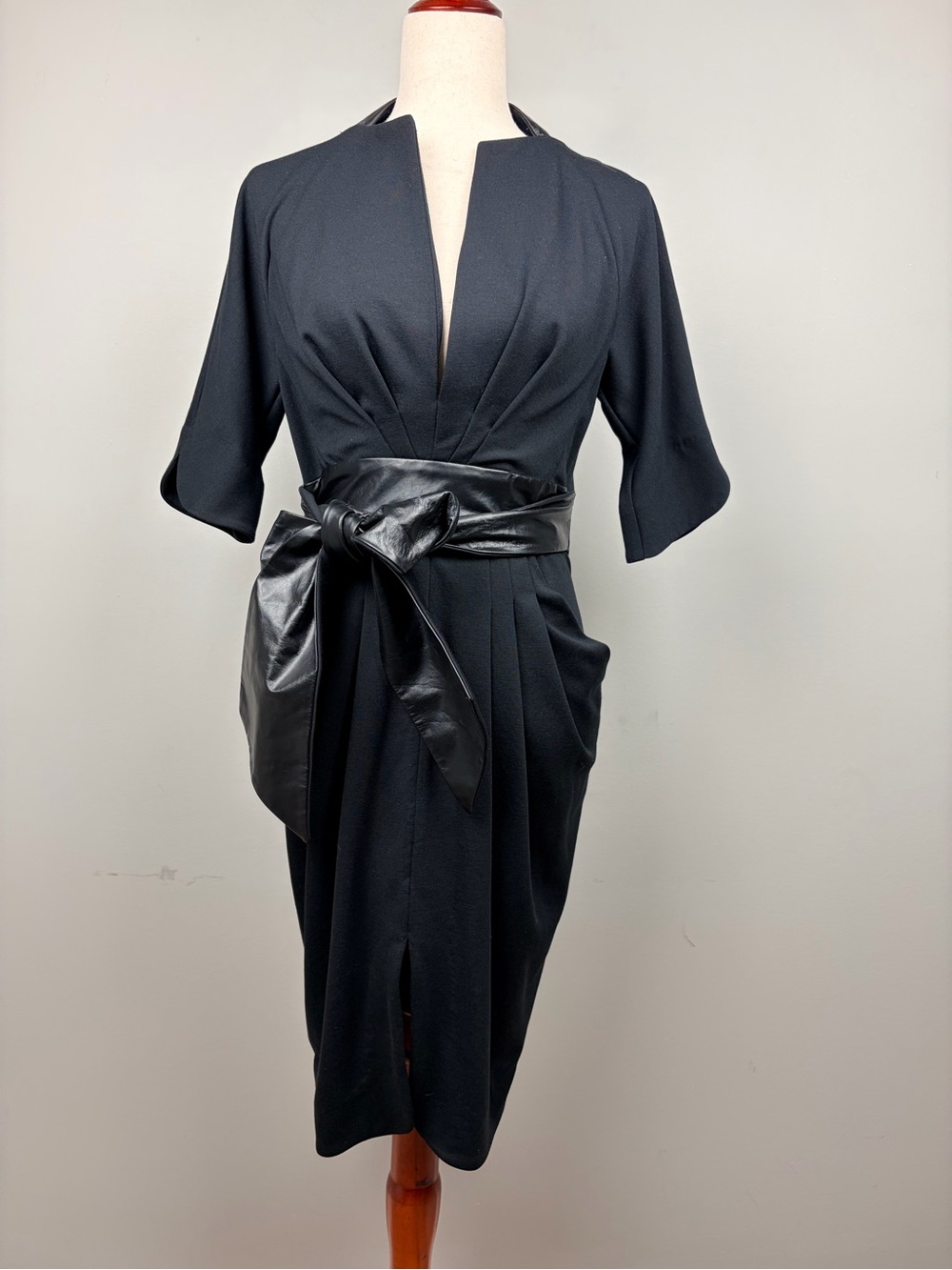 Catherine Malandrino Favorites Wrap Dress 10 Black Faux Leather Sheath Midi NWT